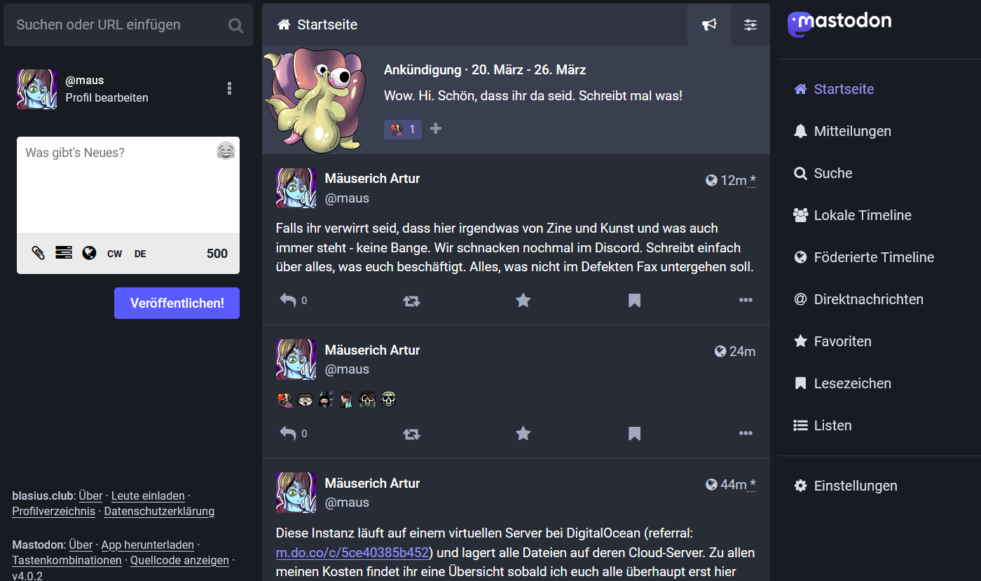 Screenshot of a blank Mastodon instance called Blasius.Club